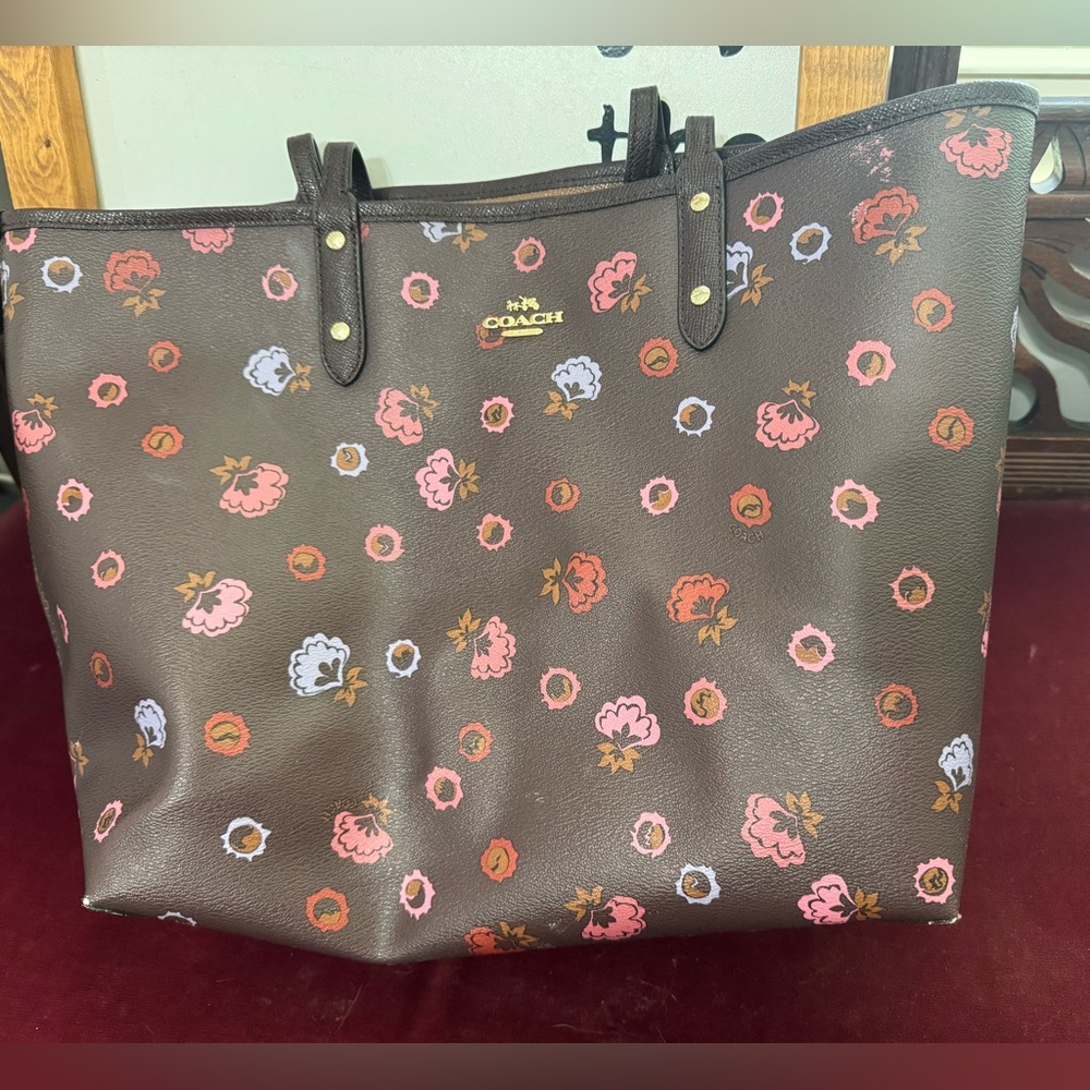 Coach Brown Tote with Floral Accents